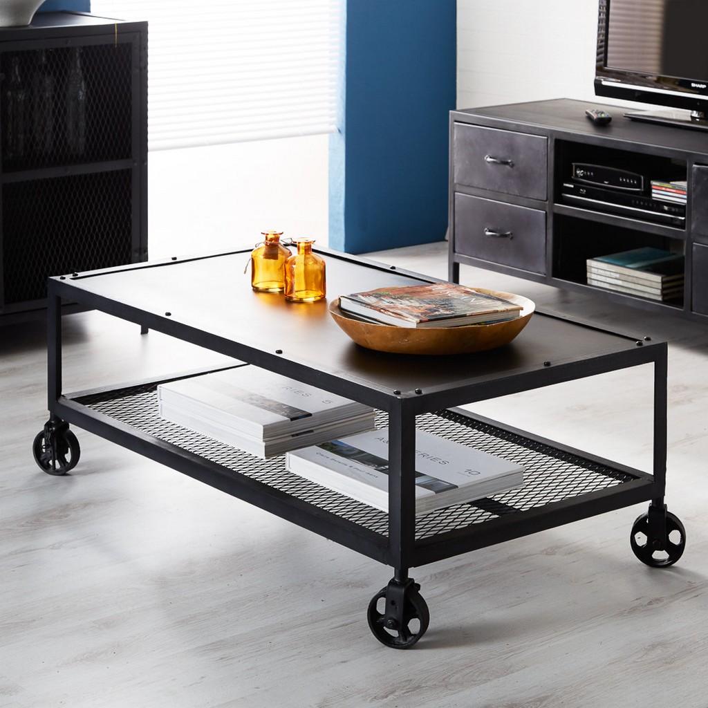 Fritz Industrial Style Black Metal Coffee Table with Wheels OHI