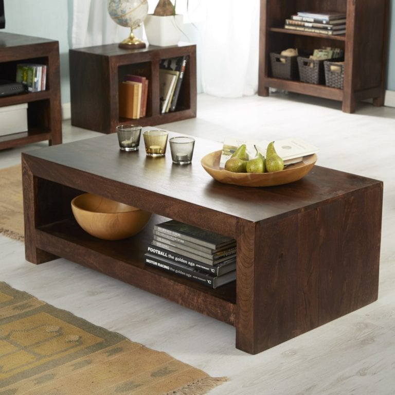 Rangpur Dark Solid Chunky Wood Coffee Table with Shelf from OHI