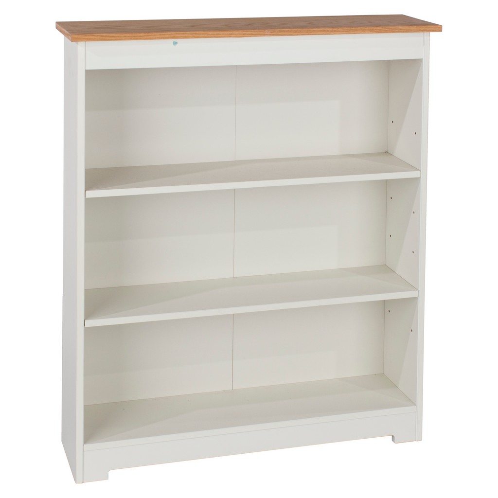 Calexico White Low Wide Bookcase with Oak Wood Veneer Top