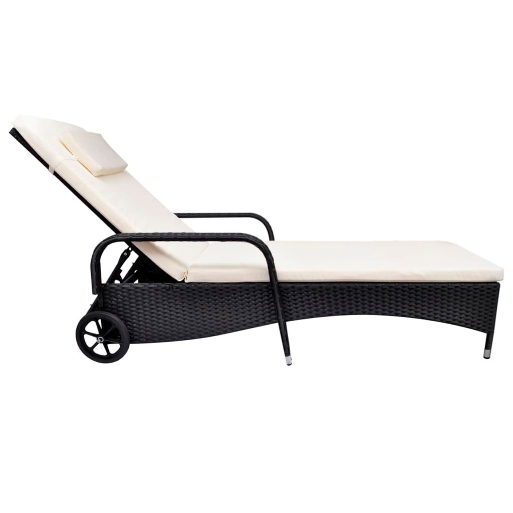 Luxury Rattan Sun Lounger with Cushion and Wheels Brown or Black