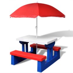 Red & Blue Childrens Picnic Table with Benches & Parasol